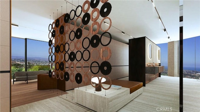 interior space with track lighting and floor to ceiling windows