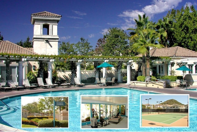 pool with fence and a patio area