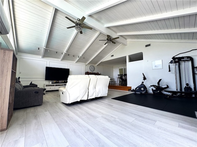 234 Santa Rosa Rd, Arcadia, CA 91007 - living area featuring visible vents, ceiling fan, vaulted ceiling with beams, and wood finished floors