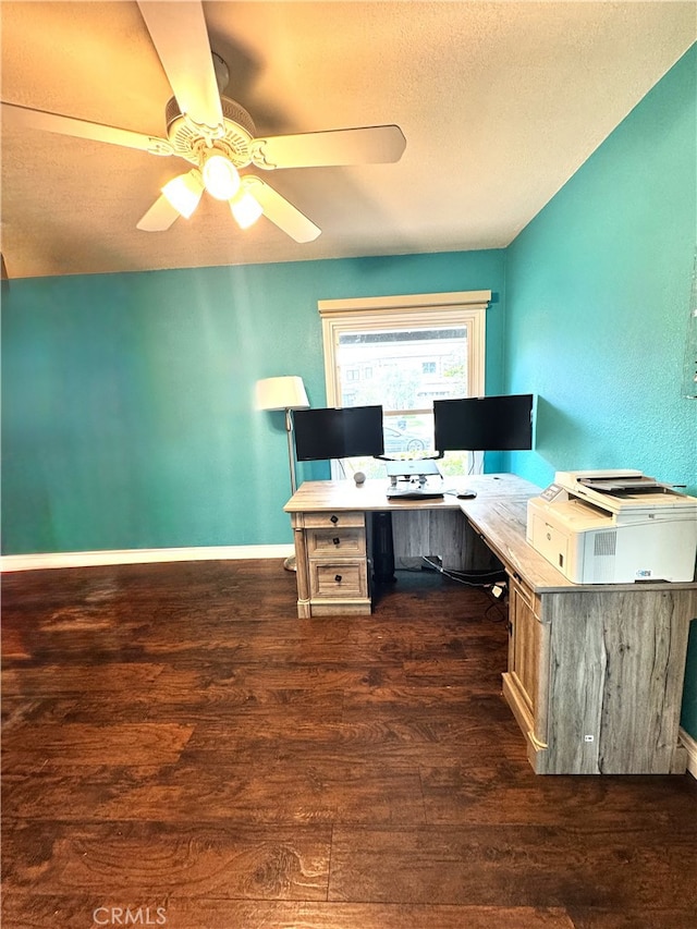 234 Santa Rosa Rd, Arcadia, CA 91007 - home office with dark wood-type flooring, ceiling fan, baseboards, and a textured ceiling