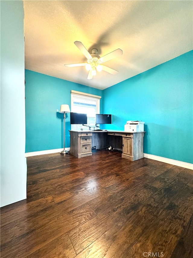 234 Santa Rosa Rd, Arcadia, CA 91007 - unfurnished office with a textured ceiling, dark wood-style flooring, ceiling fan, and baseboards