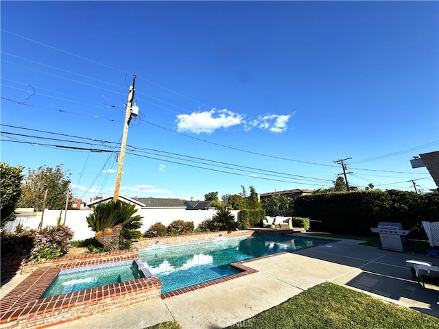 234 Santa Rosa Rd, Arcadia, CA 91007 - view of pool with a patio area, a pool with connected hot tub, a fenced backyard, and a grill