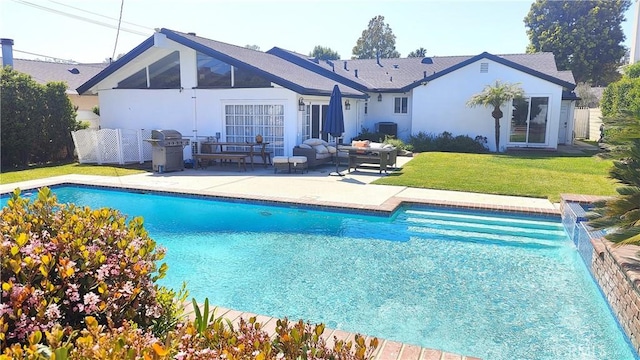 234 Santa Rosa Rd, Arcadia, CA 91007 - rear view of house with an outdoor living space, a yard, stucco siding, a patio area, and an outdoor pool