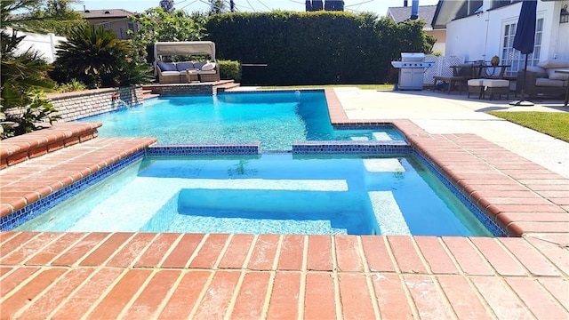 234 Santa Rosa Rd, Arcadia, CA 91007 - view of pool featuring a patio area, a pool with connected hot tub, fence, and area for grilling