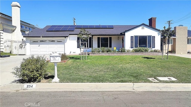 234 Santa Rosa Rd, Arcadia, CA 91007 - single story home with a front yard, roof mounted solar panels, a garage, concrete driveway, and stucco siding