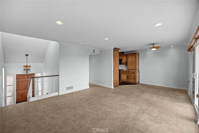 3604 Calle Casino, San Clemente, CA 92673 - unfurnished living room with visible vents, recessed lighting, ceiling fan, and ornamental molding