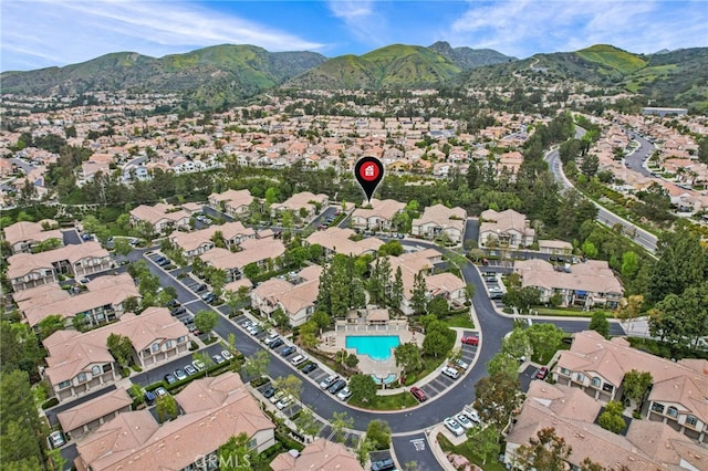bird's eye view featuring a mountain view and a residential view