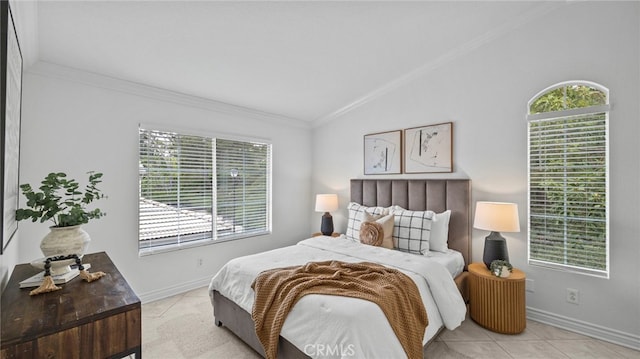 bedroom featuring crown molding, baseboards, multiple windows, and vaulted ceiling