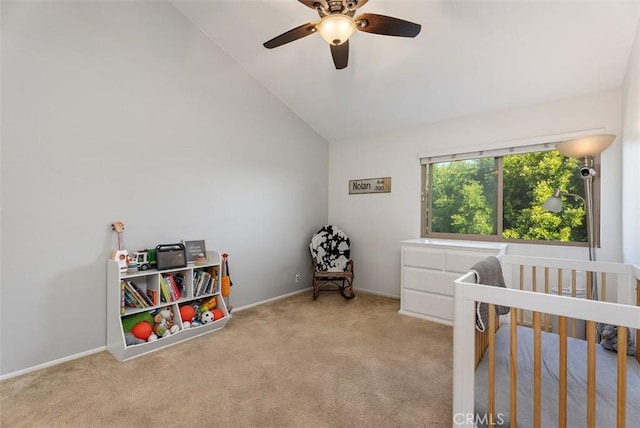 19132 Shoreline Ln Unit 6, Huntington Beach, CA 92648 - carpeted bedroom featuring lofted ceiling, a nursery area, baseboards, and ceiling fan