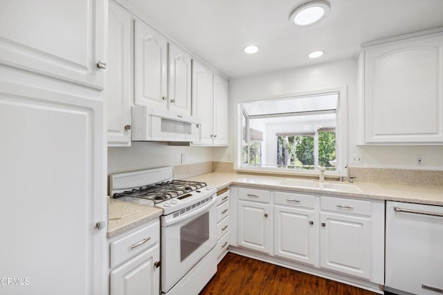 5216 Hillridge Dr, Camarillo, CA 93012 - kitchen featuring white appliances, white cabinetry, light countertops, recessed lighting, and dark wood finished floors