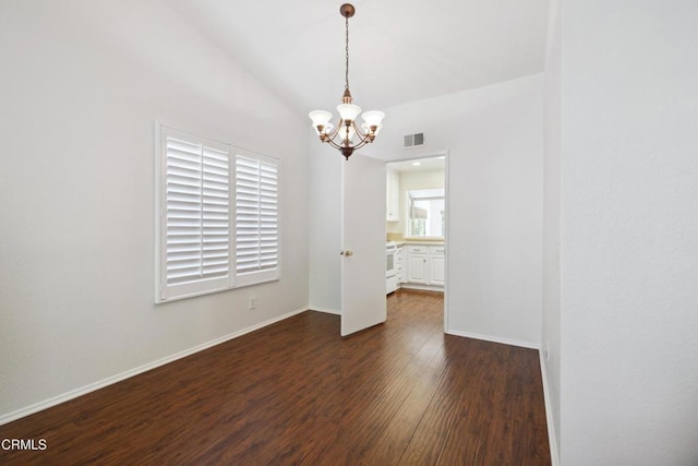 5216 Hillridge Dr, Camarillo, CA 93012 - spare room featuring a chandelier, dark wood-style flooring, and lofted ceiling