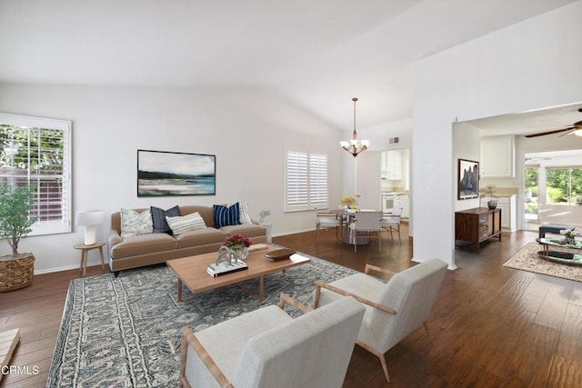5216 Hillridge Dr, Camarillo, CA 93012 - living area with a chandelier, lofted ceiling, dark wood-style flooring, and a ceiling fan