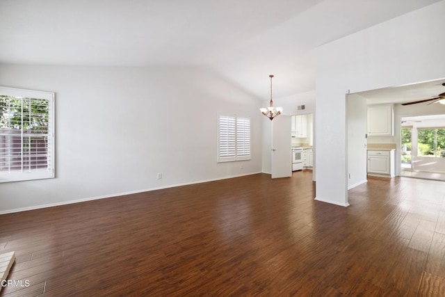 5216 Hillridge Dr, Camarillo, CA 93012 - unfurnished living room with a chandelier, vaulted ceiling, a ceiling fan, and dark wood-style flooring