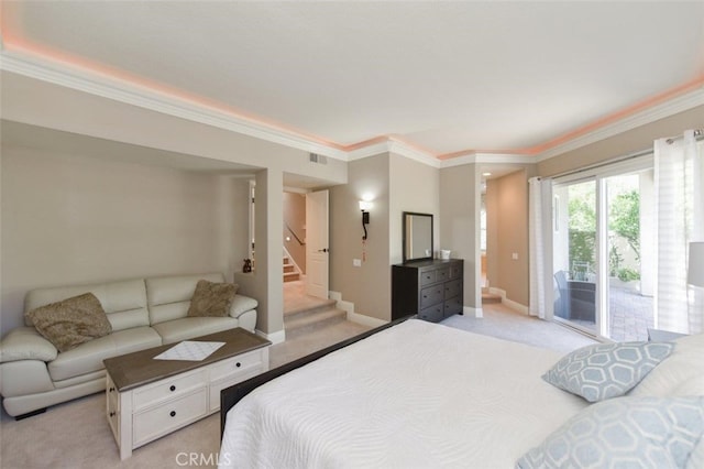 bedroom with light carpet, access to outside, and crown molding