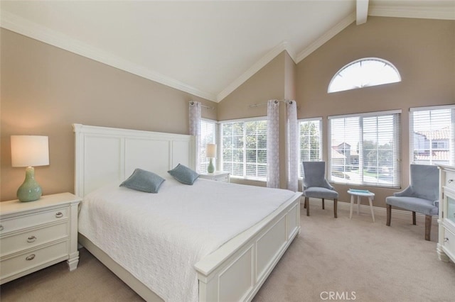 bedroom featuring high vaulted ceiling, ornamental molding, light carpet, baseboards, and beam ceiling