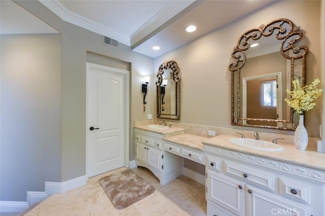 full bathroom featuring double vanity, visible vents, a sink, and crown molding