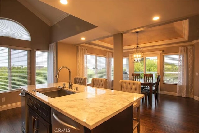 kitchen with a notable chandelier, a sink, ornamental molding, dark wood-style flooring, and a tray ceiling
