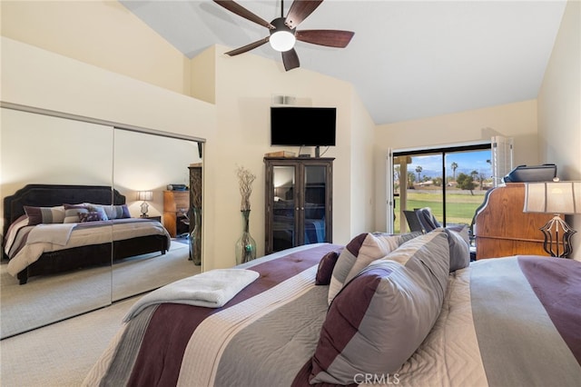 41497 Princeville Ln, Palm Desert, CA 92211 - carpeted bedroom with high vaulted ceiling, access to exterior, and a ceiling fan