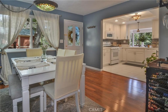 dining space featuring baseboards and light wood-style floors