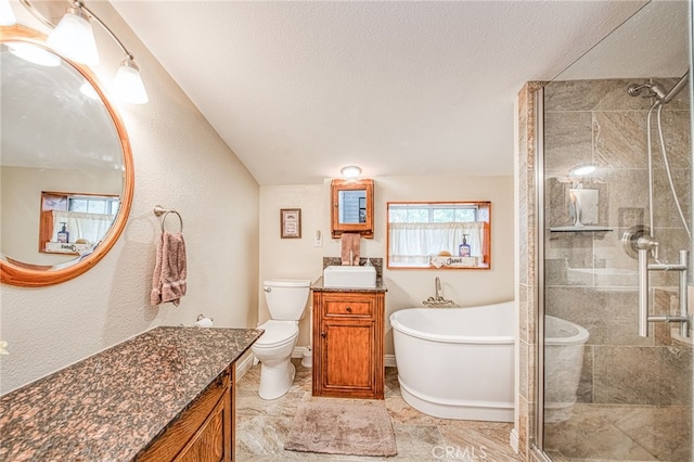 8029 Fruitland Ave, Winton, CA 95388 - bathroom with toilet, a stall shower, a freestanding tub, and vanity