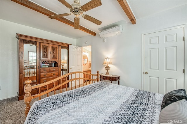 8029 Fruitland Ave, Winton, CA 95388 - carpeted bedroom featuring a wall mounted air conditioner, beamed ceiling, a ceiling fan, and baseboards