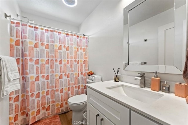 bathroom featuring curtained shower, wood finished floors, toilet, and vanity