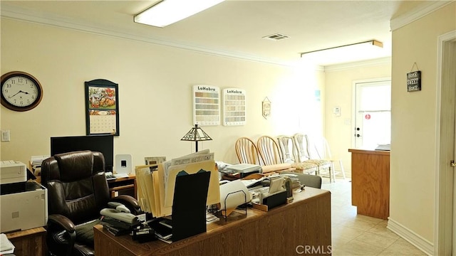 office area with visible vents and ornamental molding