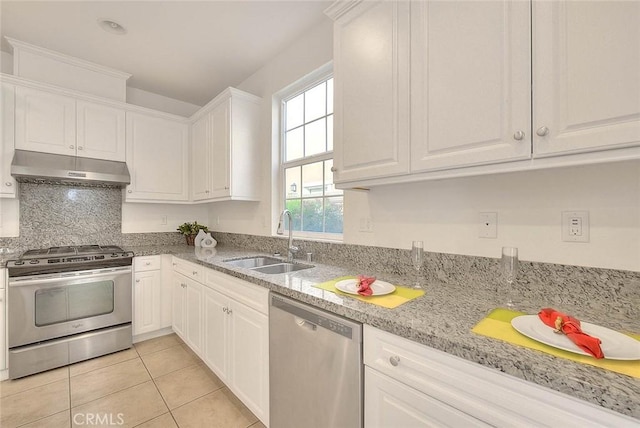 2925 E Via Terrano, Ontario, CA 91764 - kitchen featuring stainless steel appliances, under cabinet range hood, a sink, light tile patterned flooring, and white cabinetry
