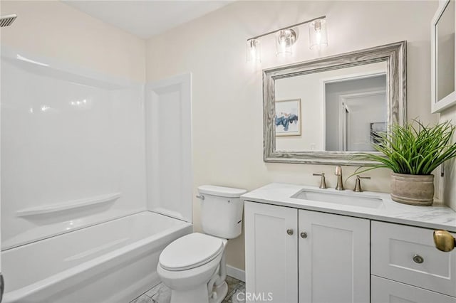 full bathroom with toilet, baseboards, bathing tub / shower combination, and vanity