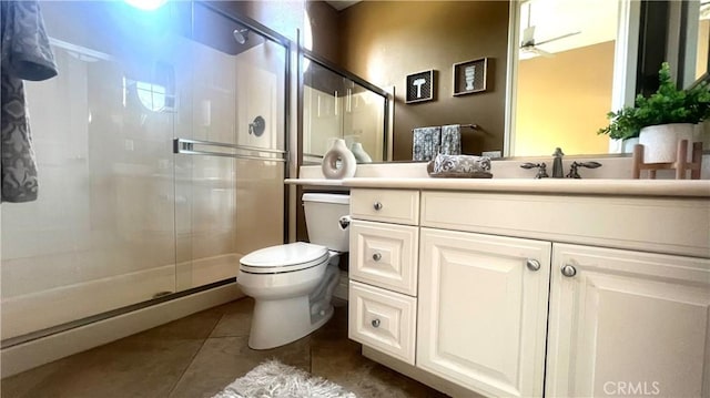 4069 Nancy Cir, Corona, CA 92881 - bathroom with toilet, vanity, a shower stall, and tile patterned floors