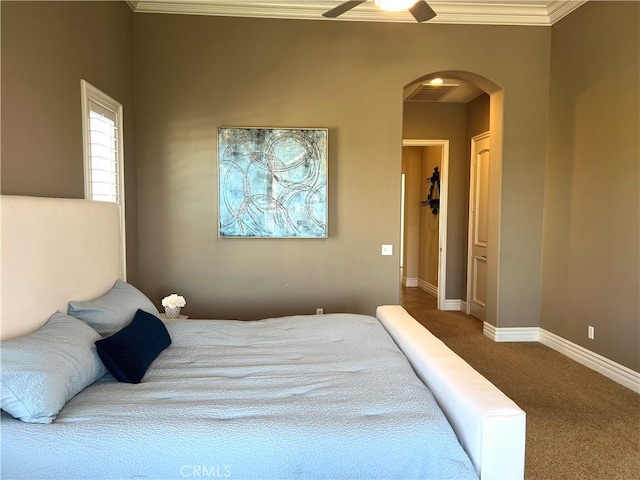 4069 Nancy Cir, Corona, CA 92881 - carpeted bedroom with arched walkways, ornamental molding, baseboards, and a ceiling fan