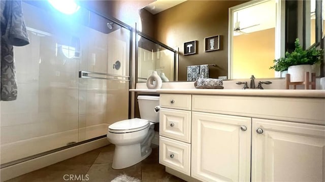 4069 Nancy Cir, Corona, CA 92881 - bathroom with toilet, tile patterned floors, vanity, and a stall shower
