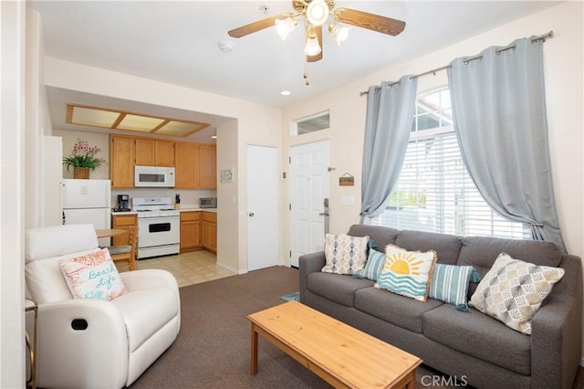 living area with ceiling fan and plenty of natural light