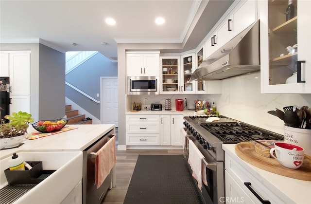 11102 Avolencia Pl, Garden Grove, CA 92840 - kitchen with appliances with stainless steel finishes, under cabinet range hood, ornamental molding, recessed lighting, and white cabinets