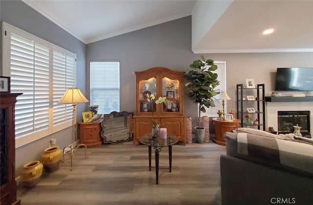 11102 Avolencia Pl, Garden Grove, CA 92840 - sitting room with a premium fireplace, lofted ceiling, crown molding, and wood finished floors