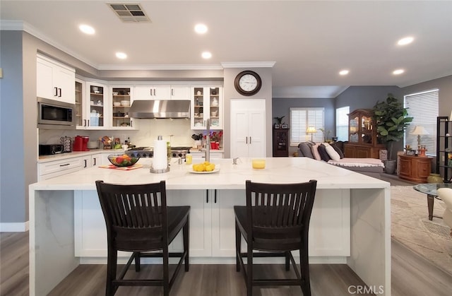 11102 Avolencia Pl, Garden Grove, CA 92840 - kitchen featuring under cabinet range hood, stainless steel microwave, crown molding, recessed lighting, and open floor plan