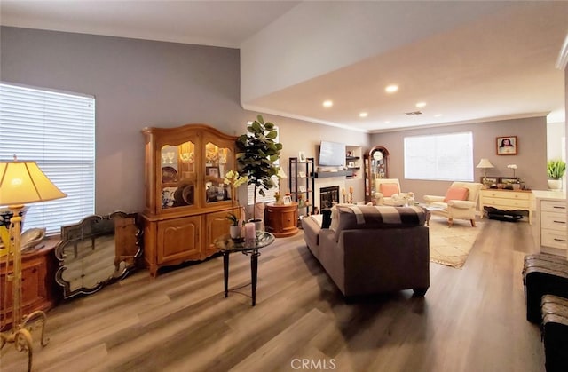 11102 Avolencia Pl, Garden Grove, CA 92840 - living room with light wood finished floors, recessed lighting, a glass covered fireplace, and crown molding