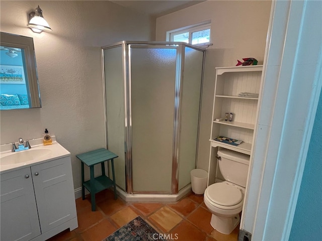 bathroom with toilet, vanity, a shower stall, and tile patterned floors