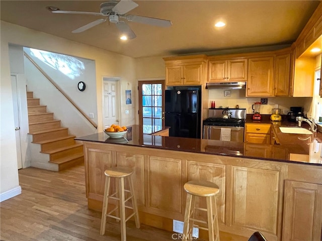 kitchen featuring a sink, under cabinet range hood, stainless steel gas stove, dark countertops, and freestanding refrigerator