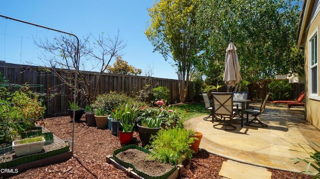 view of yard featuring a fenced backyard, a garden, outdoor dining space, and a patio area
