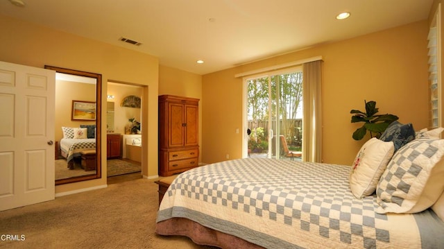 carpeted bedroom featuring visible vents, recessed lighting, ensuite bath, and access to exterior