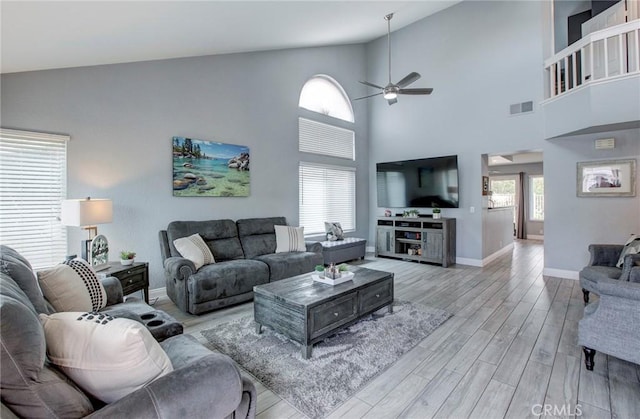 living room with light wood-style floors, ceiling fan, baseboards, visible vents, and high vaulted ceiling