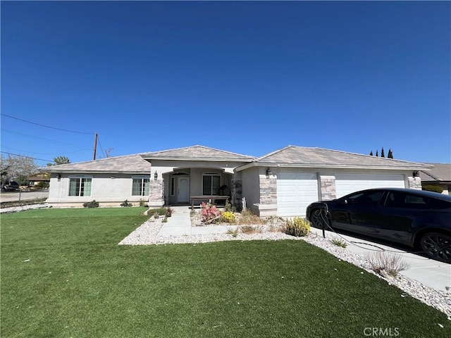 17238 Danbury Ave, Hesperia, CA 92345 - view of front of property featuring concrete driveway, stucco siding, stone siding, a front lawn, and a garage