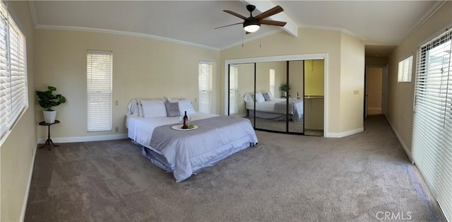 56707 Desert Gold Dr, Yucca Valley, CA 92284 - bedroom featuring carpet flooring, a closet, crown molding, and ceiling fan