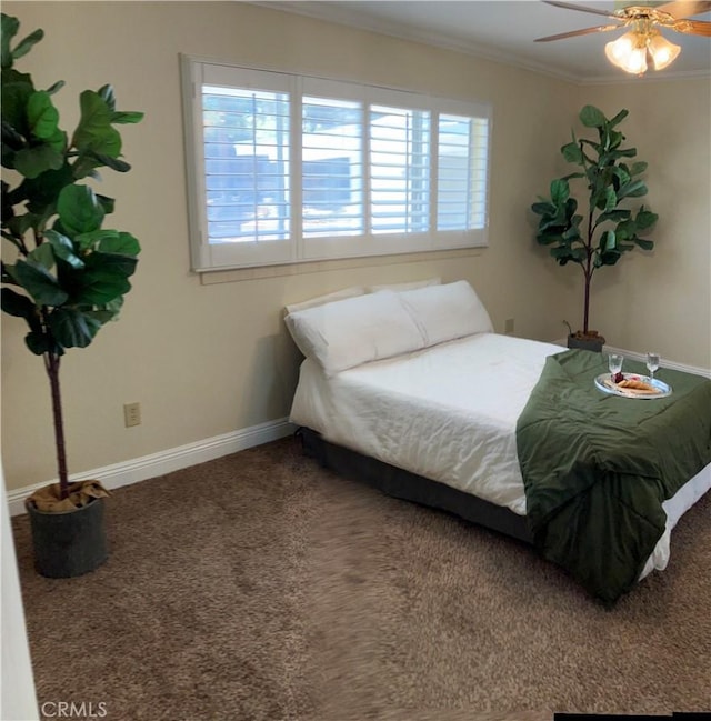 56707 Desert Gold Dr, Yucca Valley, CA 92284 - carpeted bedroom featuring ornamental molding and a ceiling fan