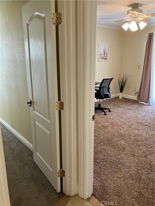 56707 Desert Gold Dr, Yucca Valley, CA 92284 - office space featuring light colored carpet, ornamental molding, and a ceiling fan