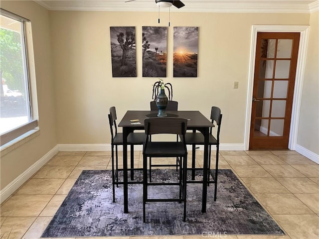 56707 Desert Gold Dr, Yucca Valley, CA 92284 - dining space with crown molding, tile patterned flooring, plenty of natural light, and ceiling fan