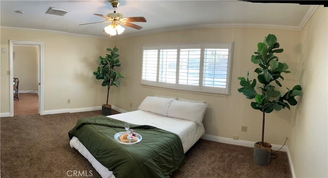 56707 Desert Gold Dr, Yucca Valley, CA 92284 - bedroom featuring carpet flooring, crown molding, and a ceiling fan