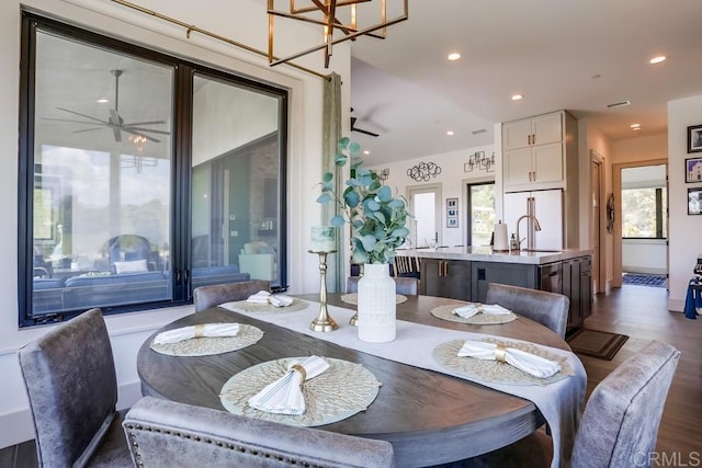 2255 Via Dulcea, Fallbrook, CA 92028 - dining space with dark wood finished floors, ceiling fan, recessed lighting, and a chandelier