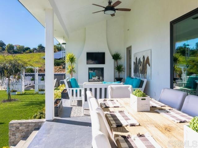 2255 Via Dulcea, Fallbrook, CA 92028 - view of patio featuring an outdoor living space with a fireplace and a ceiling fan